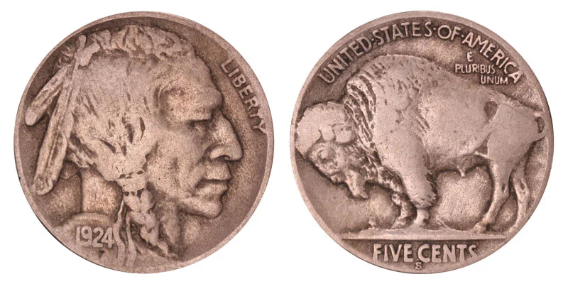 Side-by-side comparison of 1924 Philadelphia (no mint mark) and 1924-S Buffalo nickel reverses showing mint mark location