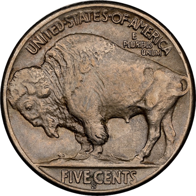 1924-S Buffalo nickel reverse showing the S mint mark below FIVE CENTS