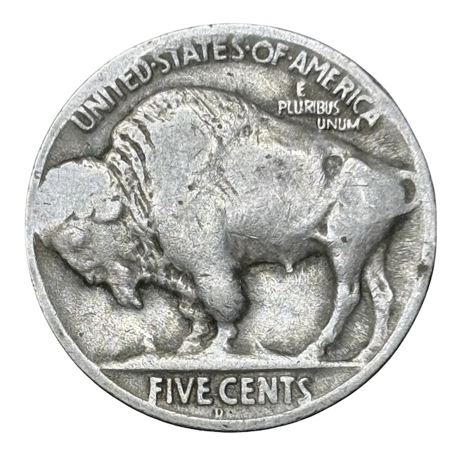 1924-D Buffalo nickel reverse showing D mint mark and bison with typical weak strike detail on horn