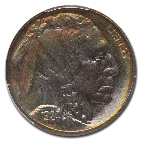 1924 Buffalo nickel doubled die obverse showing doubling visible on LIBERTY lettering under magnification