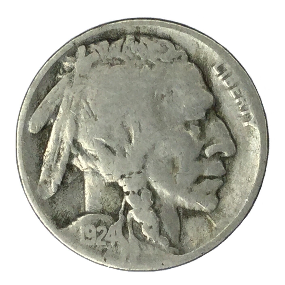 1924 Buffalo nickel off-center strike showing design shifted to one side with blank unstruck crescent visible