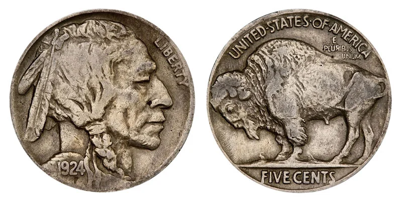 Three 1924 Buffalo nickels showing Philadelphia, Denver, and San Francisco varieties arranged by mintage