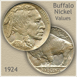 1924 Buffalo nickel grading strip showing four condition tiers: Good, Fine, About Uncirculated, and Mint State